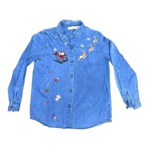 Vtg Casey & Max Blue Denim Jean Long Sleeve Button Up Shirt Santa Christmas M